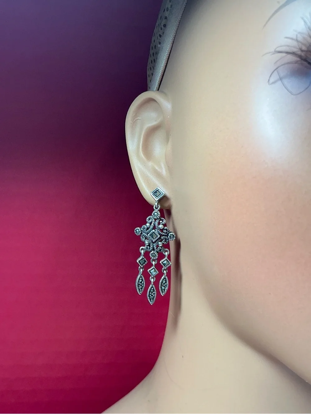 Sterling Silver Chandelier Style Dangle Earrings with Marcasite. 1.75” long